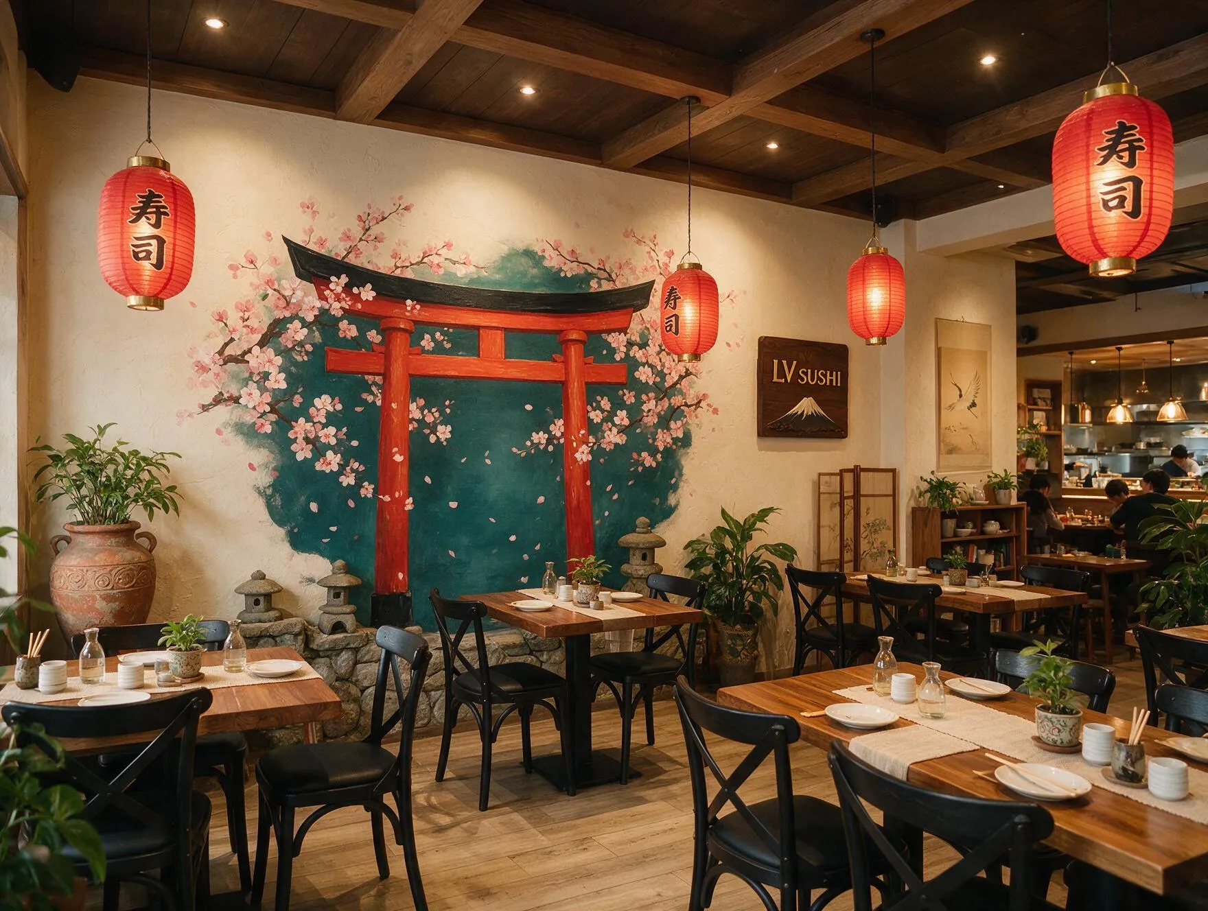 LV Sushi restaurant interiør med japansk dekor